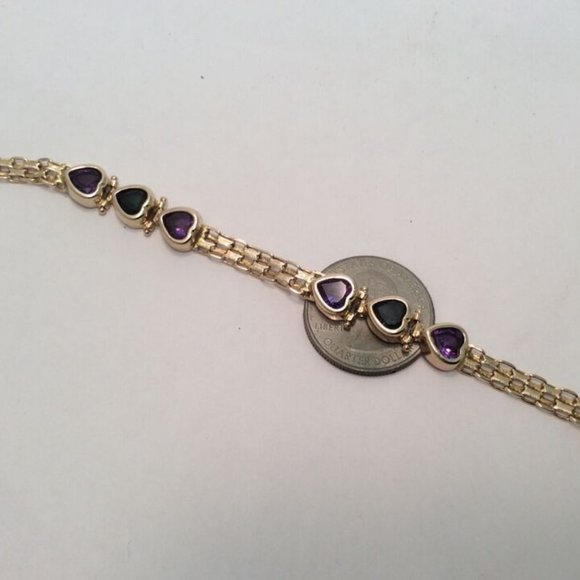 14k Solid Yellow Gold Bismark  Bizmark Heart CZ Purple Green Lady Bracelet 15.8g - Picture 4 of 9